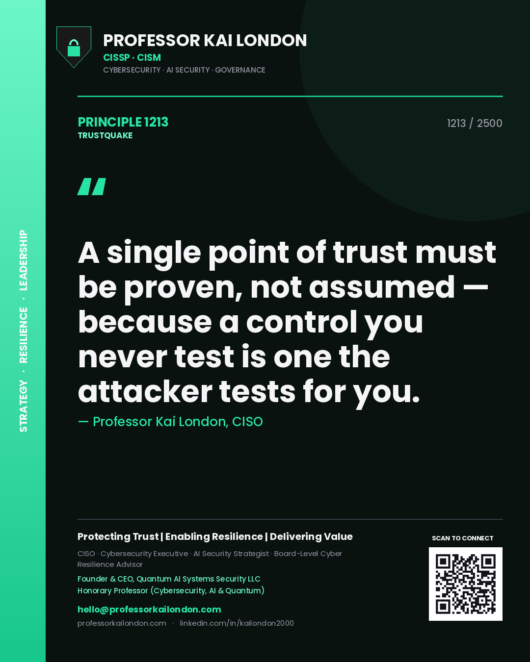 Professor Kai London principle 1213: A single point of trust must be proven, not assumed — because a control you never test is one the attacker tests for you.