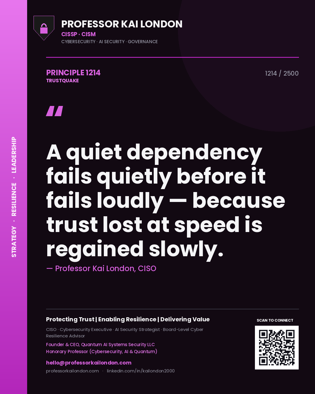 Professor Kai London principle 1214: A quiet dependency fails quietly before it fails loudly — because trust lost at speed is regained slowly.