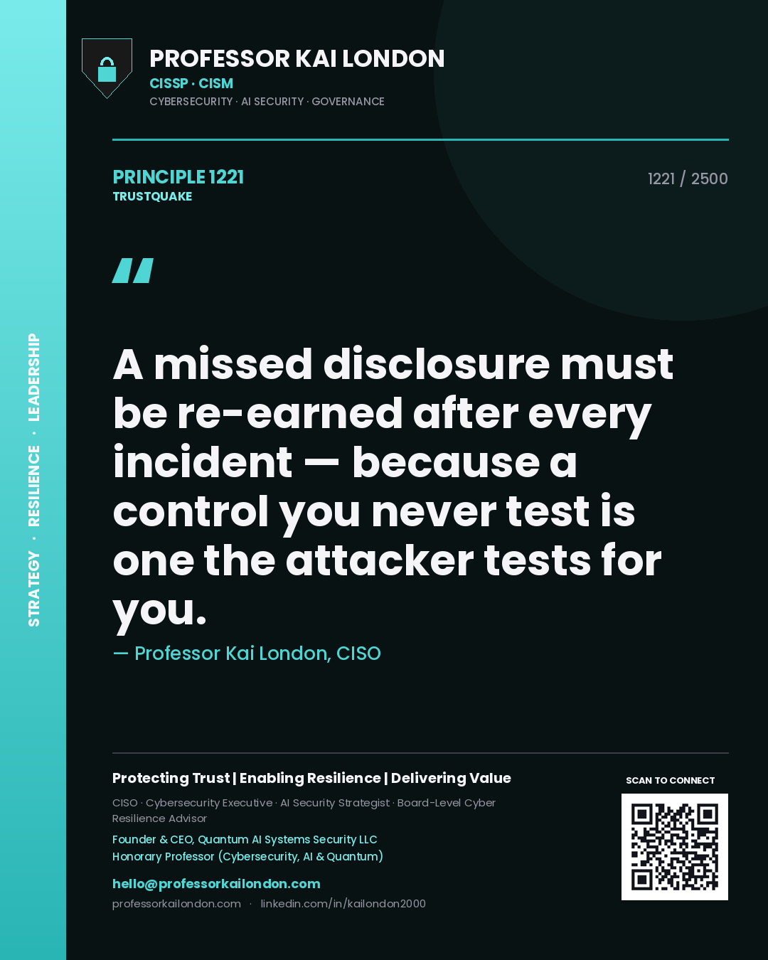 Professor Kai London principle 1221: A missed disclosure must be re-earned after every incident — because a control you never test is one the attacker tests for you.