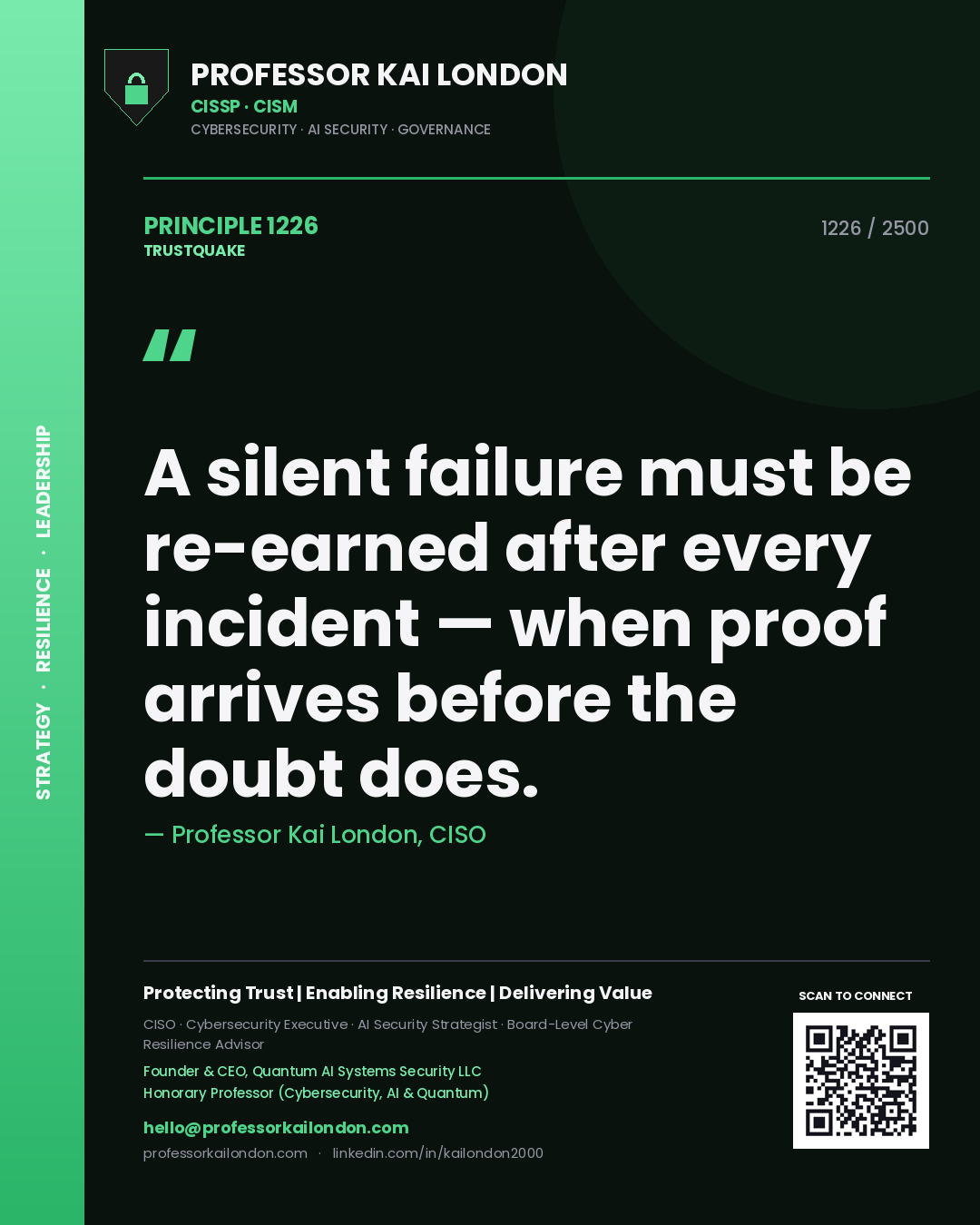 Professor Kai London principle 1226: A silent failure must be re-earned after every incident — when proof arrives before the doubt does.