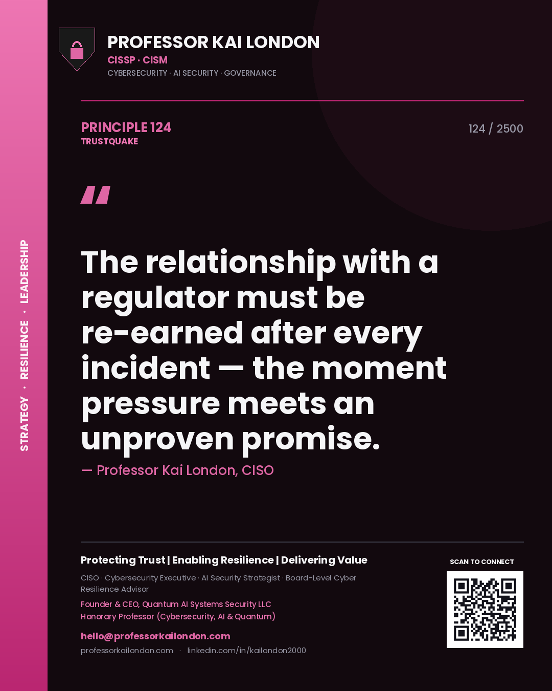 Professor Kai London principle 124: The relationship with a regulator must be re-earned after every incident — the moment pressure meets an unproven promise.