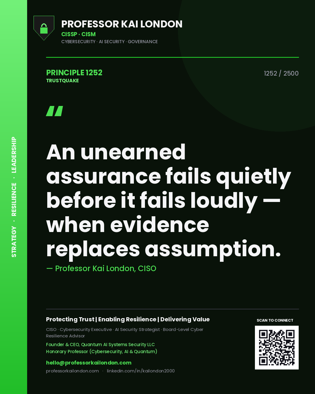 Professor Kai London principle 1252: An unearned assurance fails quietly before it fails loudly — when evidence replaces assumption.