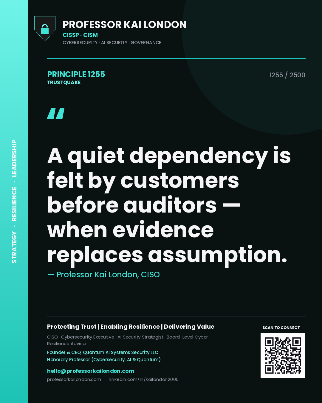 Professor Kai London principle 1255: A quiet dependency is felt by customers before auditors — when evidence replaces assumption.