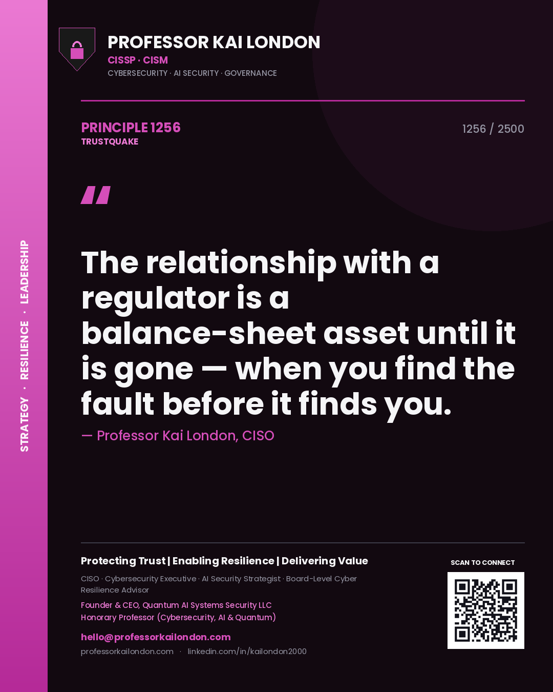 Professor Kai London principle 1256: The relationship with a regulator is a balance-sheet asset until it is gone — when you find the fault before it finds you.