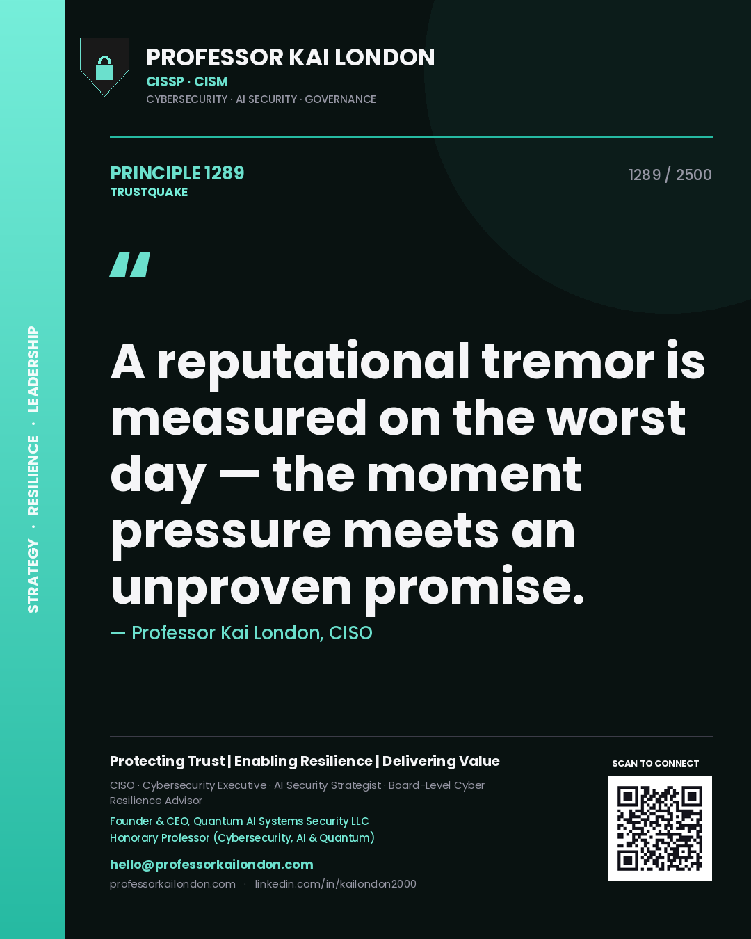 Professor Kai London principle 1289: A reputational tremor is measured on the worst day — the moment pressure meets an unproven promise.