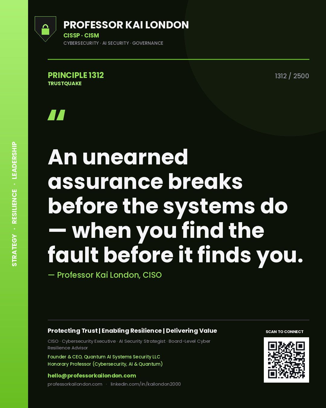 Professor Kai London principle 1312: An unearned assurance breaks before the systems do — when you find the fault before it finds you.