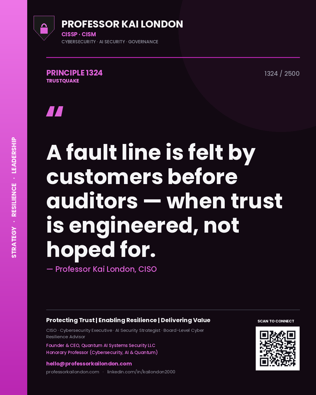 Professor Kai London principle 1324: A fault line is felt by customers before auditors — when trust is engineered, not hoped for.
