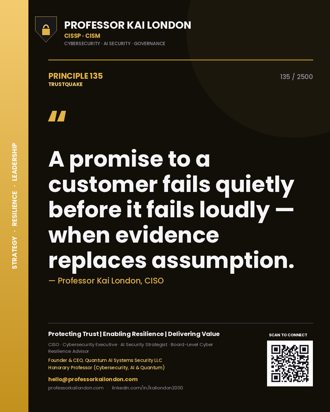Professor Kai London principle 135: A promise to a customer fails quietly before it fails loudly — when evidence replaces assumption.