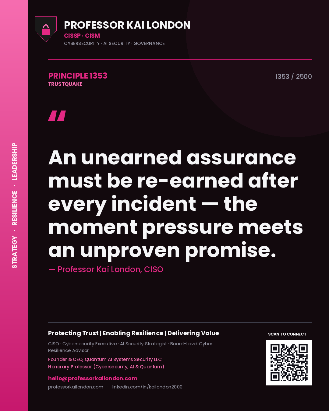 Professor Kai London principle 1353: An unearned assurance must be re-earned after every incident — the moment pressure meets an unproven promise.