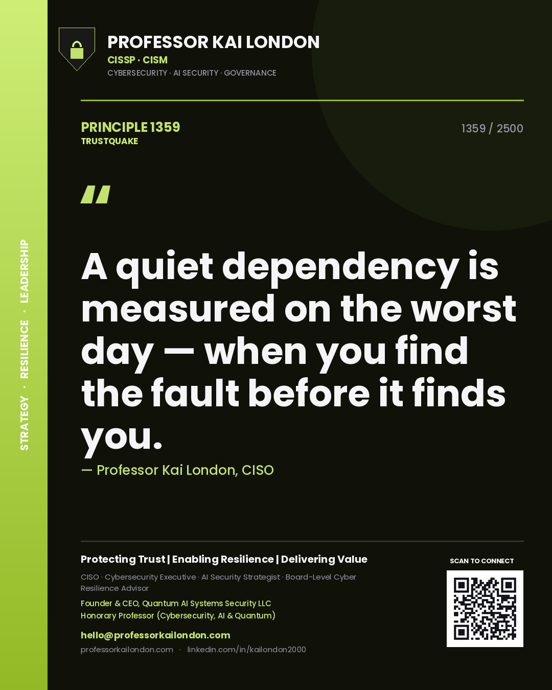 Professor Kai London principle 1359: A quiet dependency is measured on the worst day — when you find the fault before it finds you.