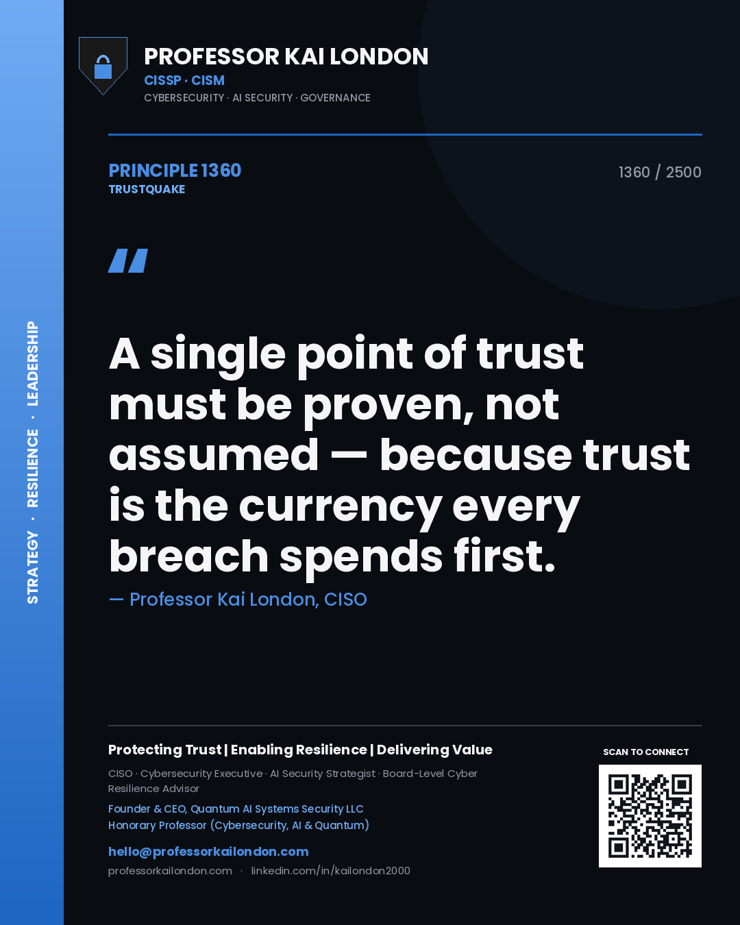 Professor Kai London principle 1360: A single point of trust must be proven, not assumed — because trust is the currency every breach spends first.