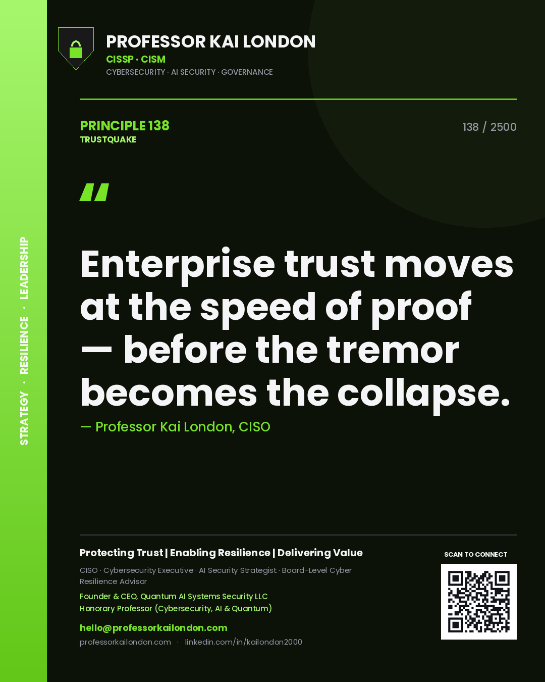 Professor Kai London principle 138: Enterprise trust moves at the speed of proof — before the tremor becomes the collapse.