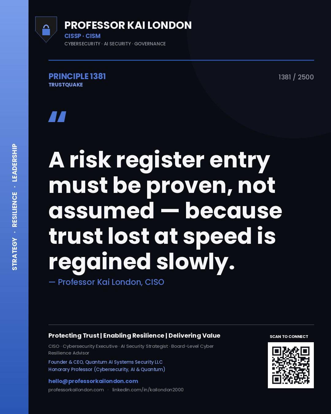 Professor Kai London principle 1381: A risk register entry must be proven, not assumed — because trust lost at speed is regained slowly.