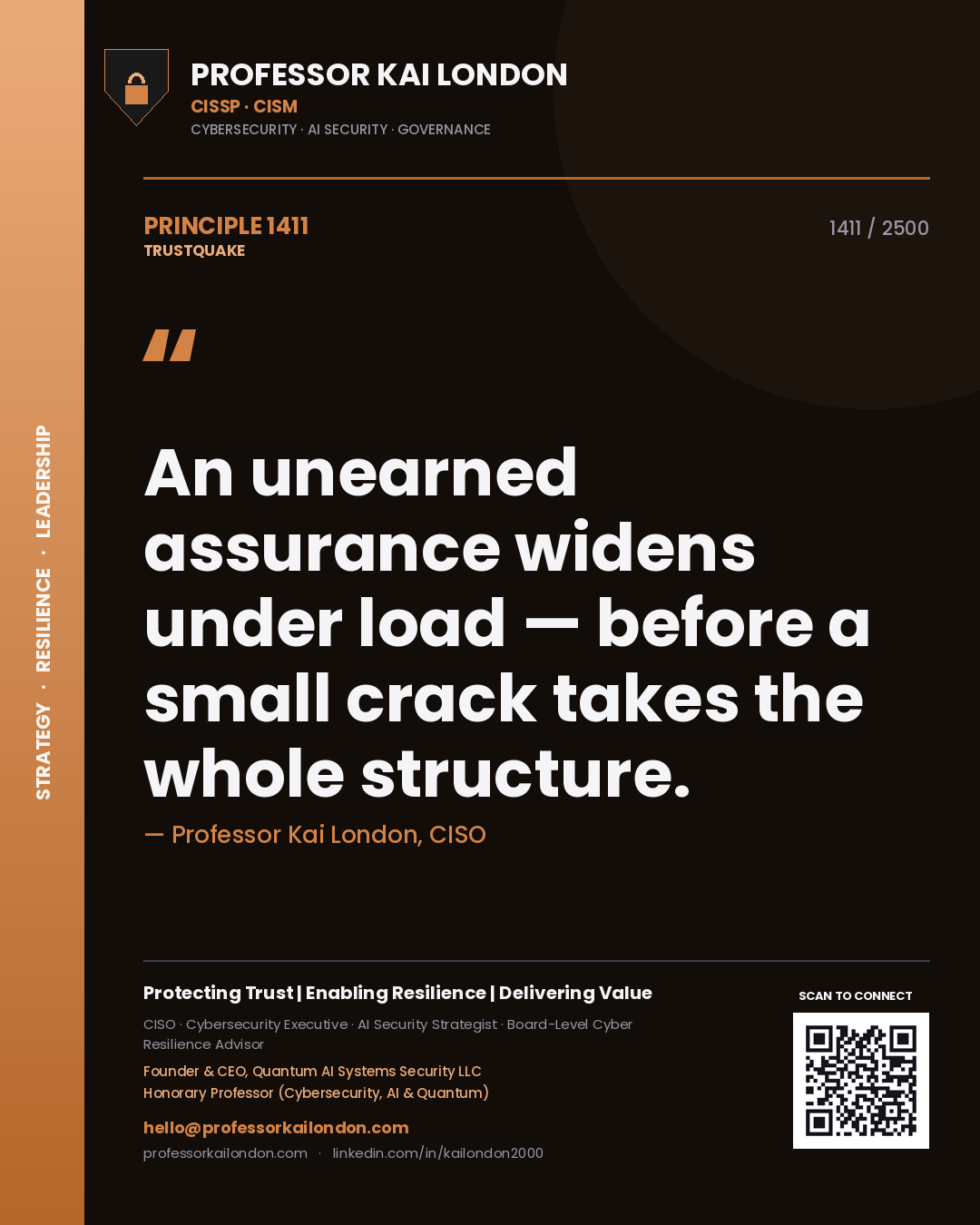 Professor Kai London principle 1411: An unearned assurance widens under load — before a small crack takes the whole structure.