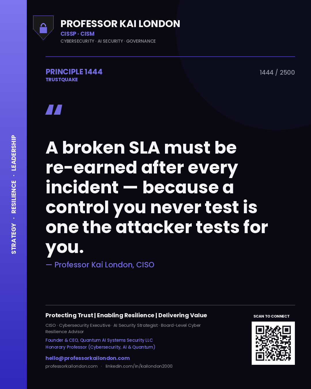 Professor Kai London principle 1444: A broken SLA must be re-earned after every incident — because a control you never test is one the attacker tests for you.