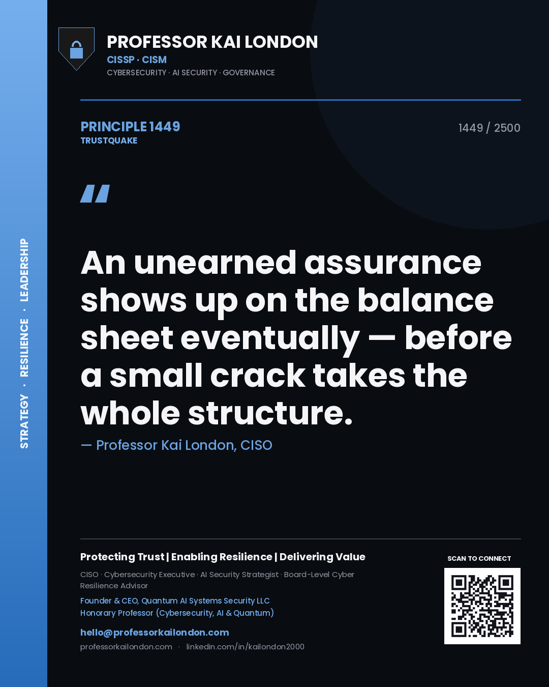 Professor Kai London principle 1449: An unearned assurance shows up on the balance sheet eventually — before a small crack takes the whole structure.