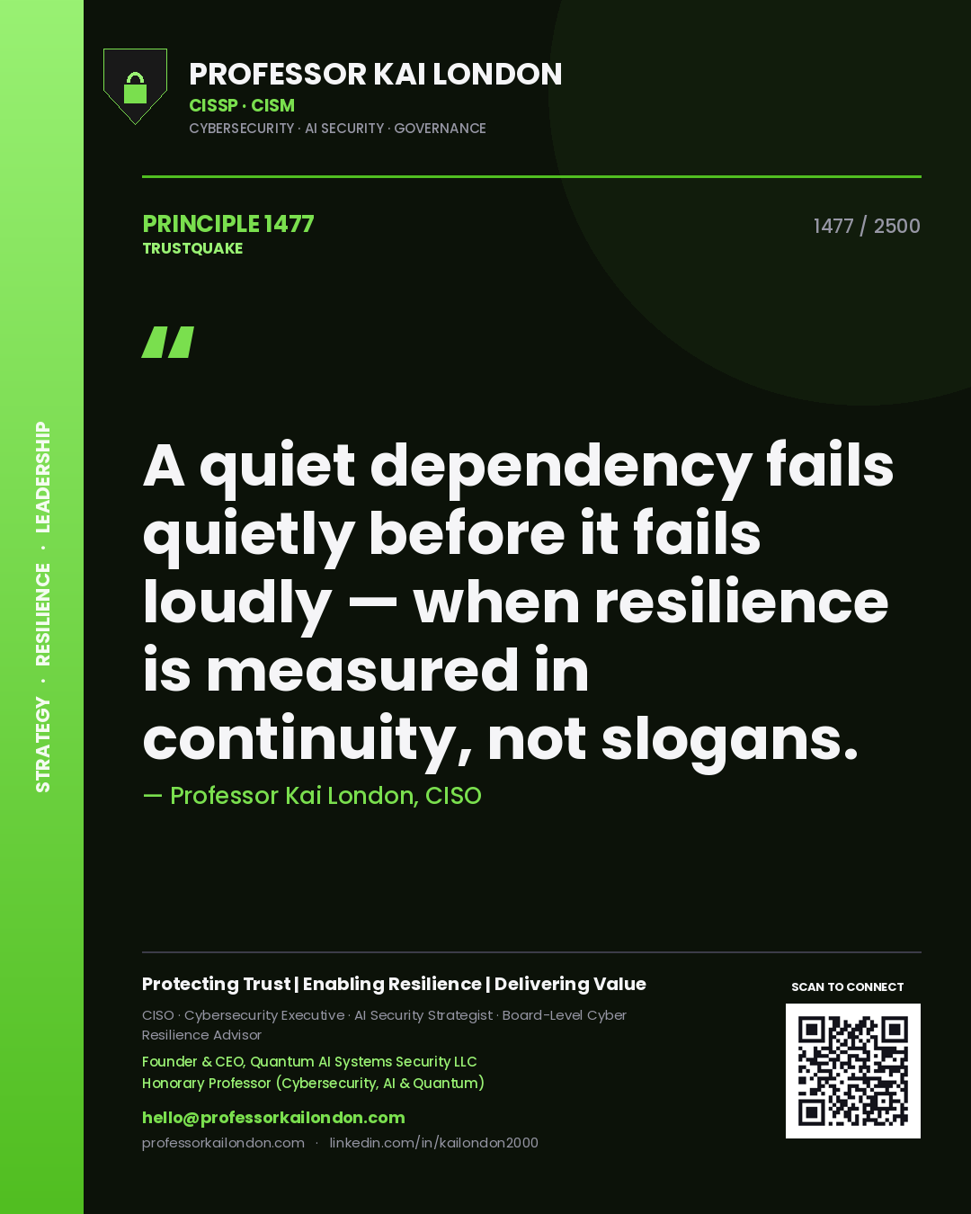 Professor Kai London principle 1477: A quiet dependency fails quietly before it fails loudly — when resilience is measured in continuity, not slogans.