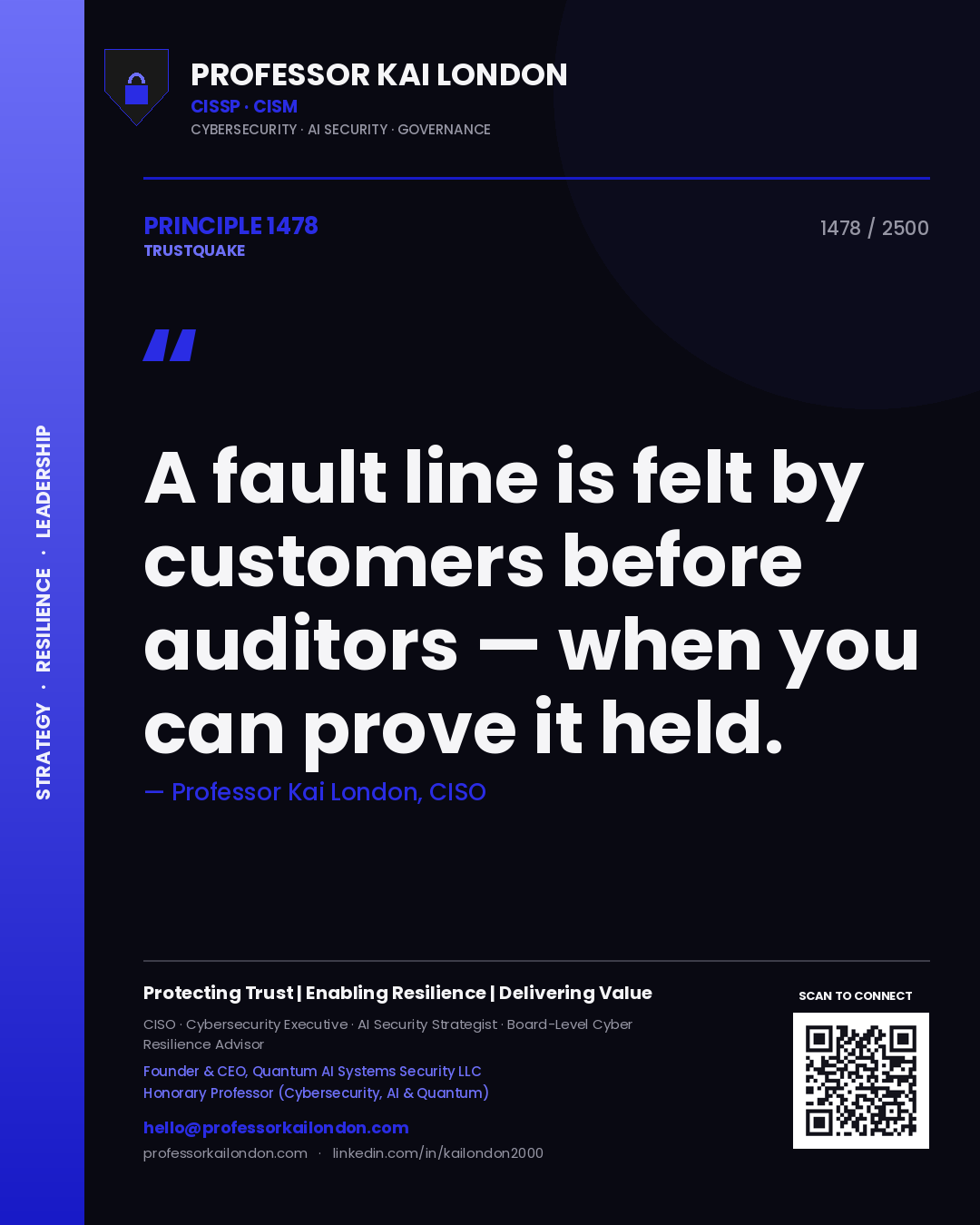 Professor Kai London principle 1478: A fault line is felt by customers before auditors — when you can prove it held.