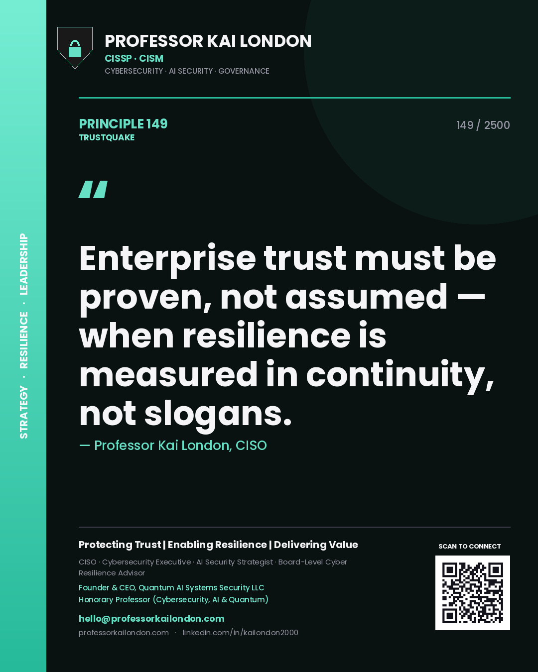 Professor Kai London principle 149: Enterprise trust must be proven, not assumed — when resilience is measured in continuity, not slogans.