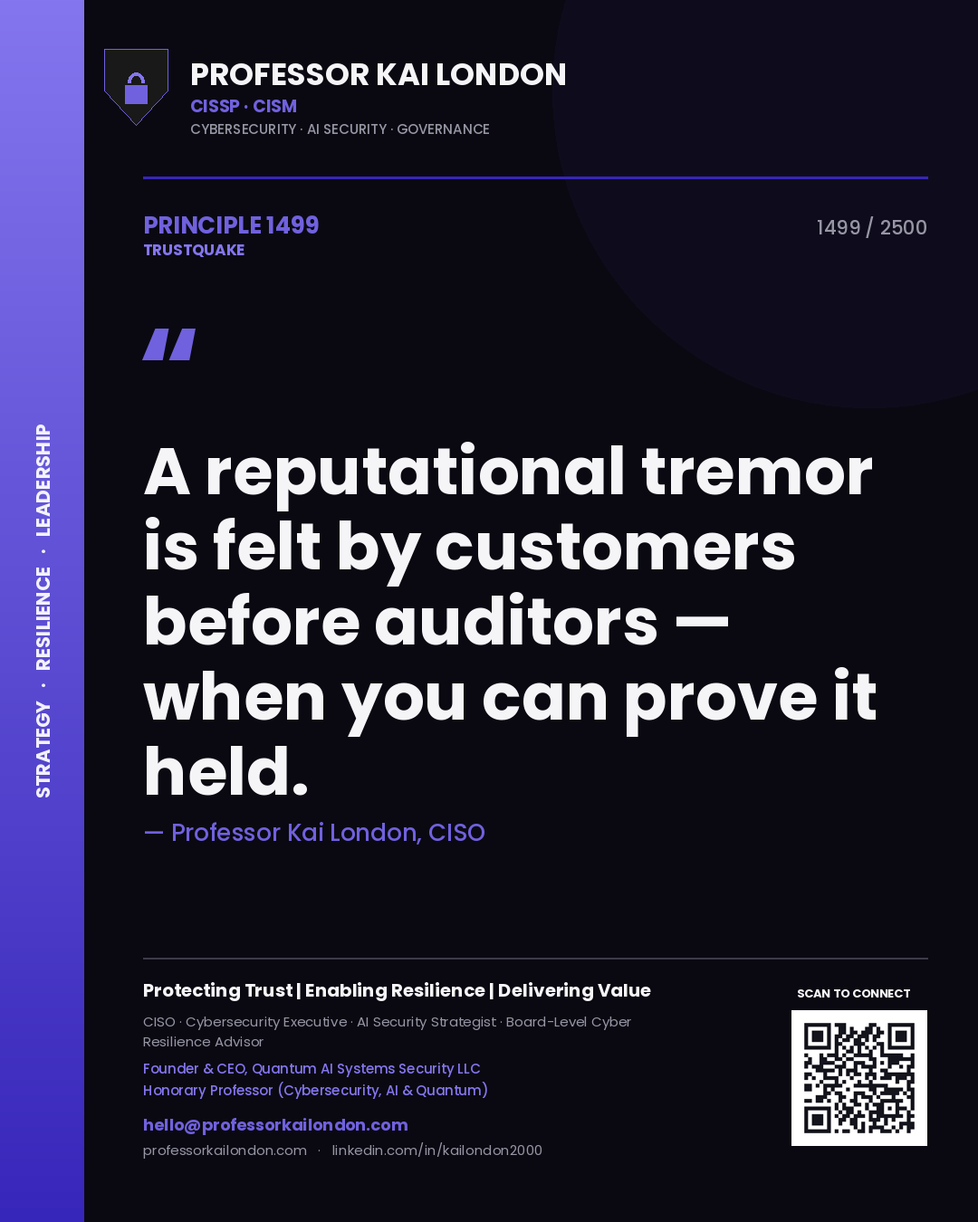 Professor Kai London principle 1499: A reputational tremor is felt by customers before auditors — when you can prove it held.