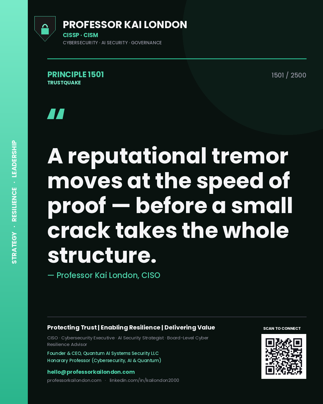 Professor Kai London principle 1501: A reputational tremor moves at the speed of proof — before a small crack takes the whole structure.