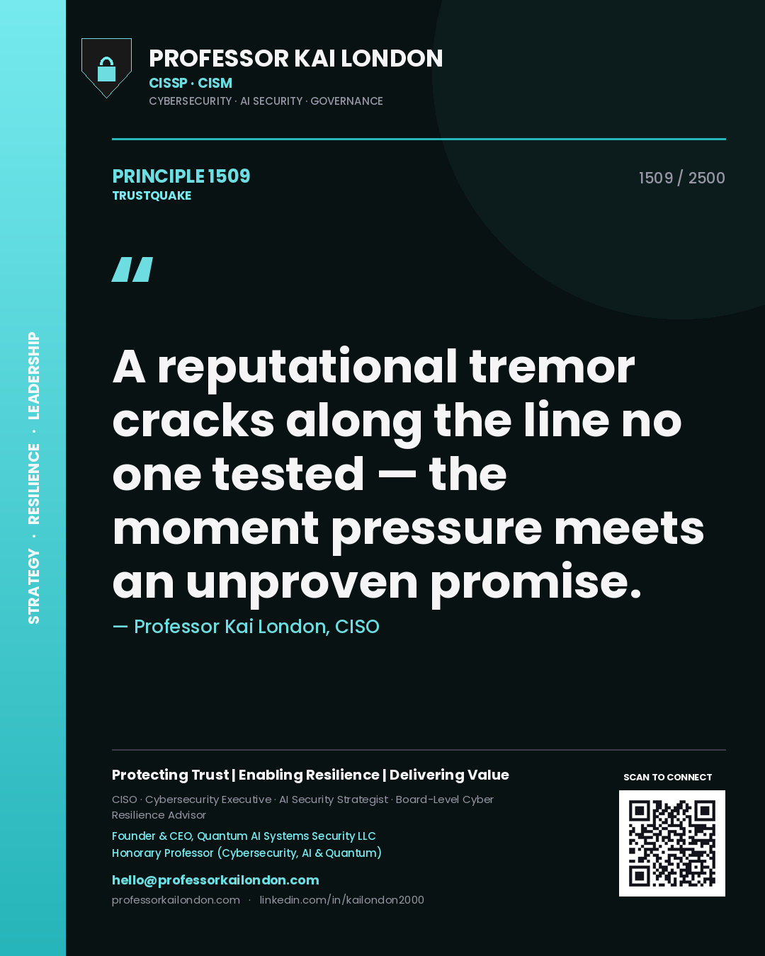 Professor Kai London principle 1509: A reputational tremor cracks along the line no one tested — the moment pressure meets an unproven promise.