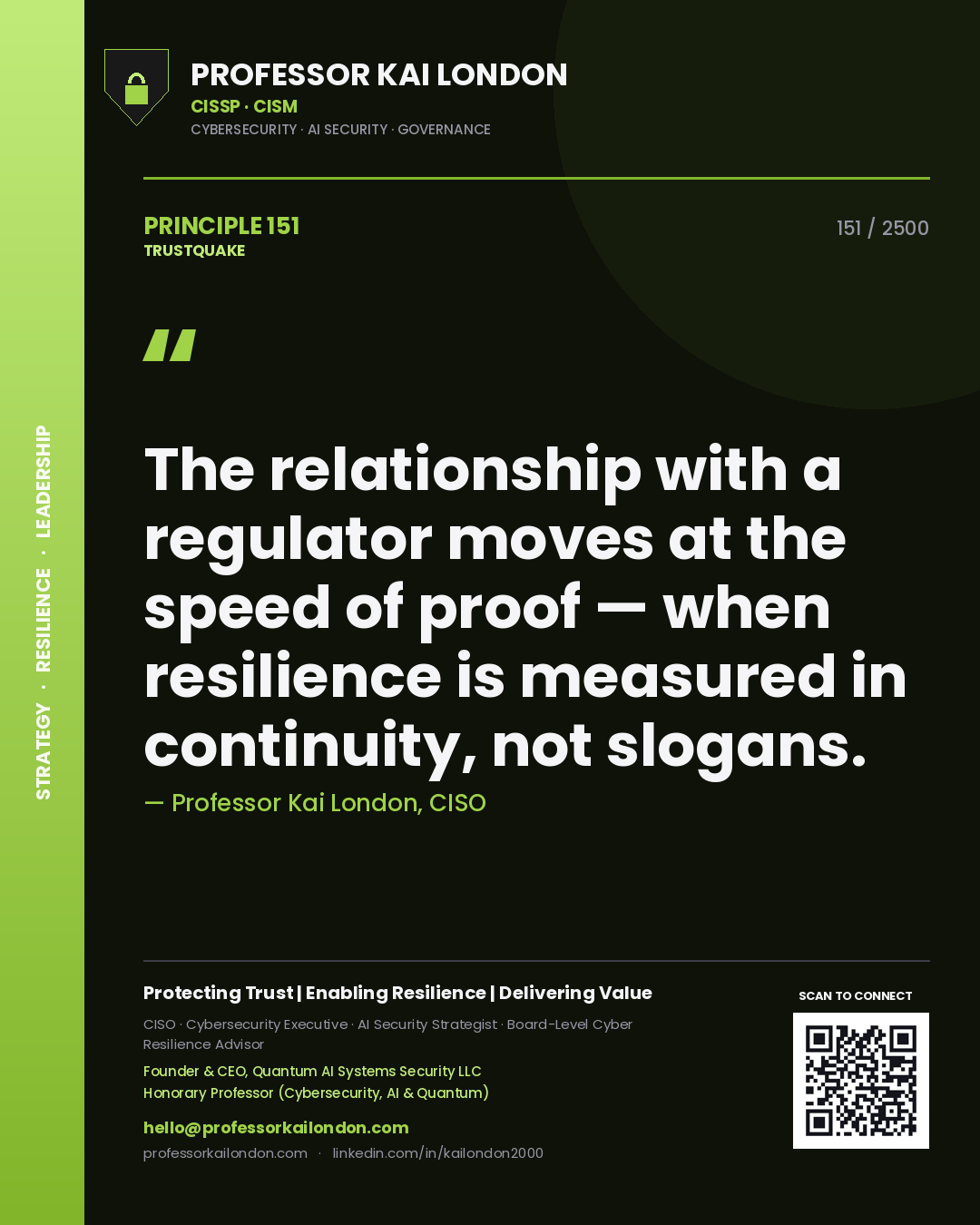 Professor Kai London principle 151: The relationship with a regulator moves at the speed of proof — when resilience is measured in continuity, not slogans.