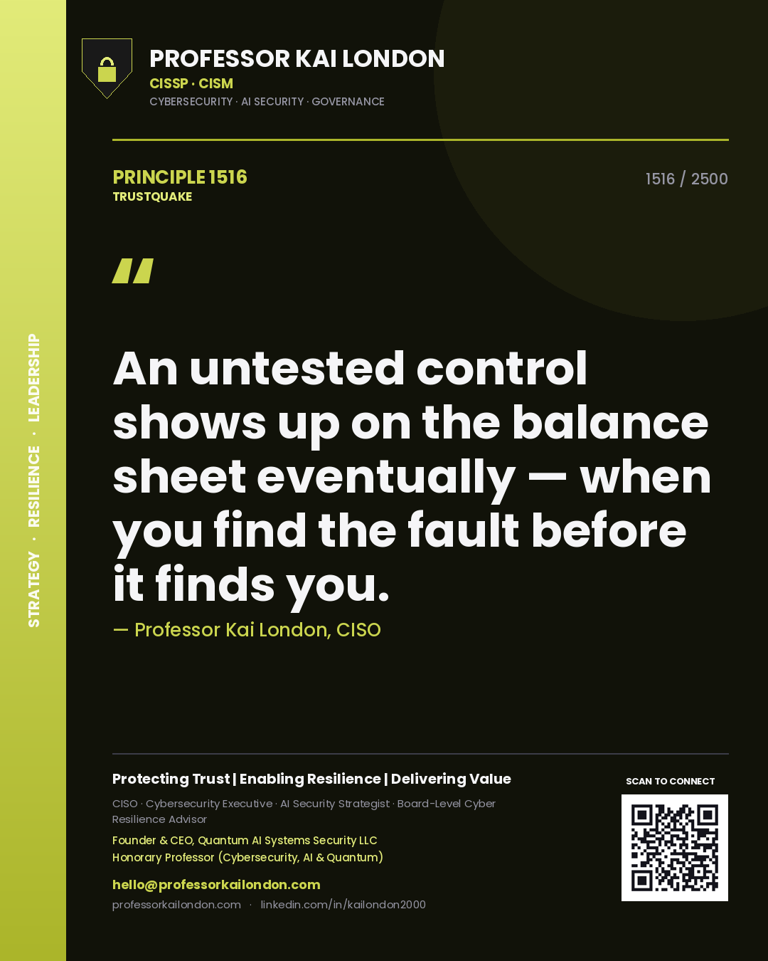 Professor Kai London principle 1516: An untested control shows up on the balance sheet eventually — when you find the fault before it finds you.