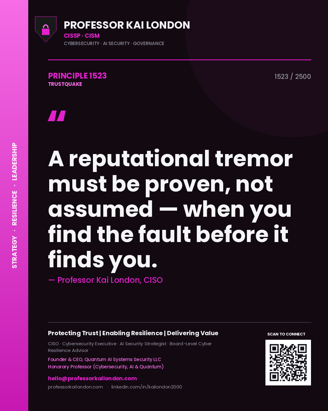 Professor Kai London principle 1523: A reputational tremor must be proven, not assumed — when you find the fault before it finds you.