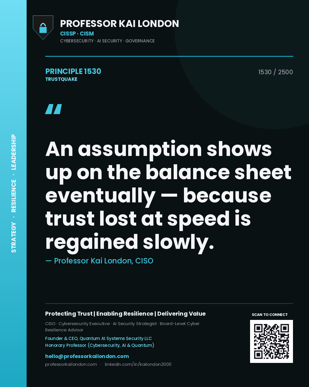 Professor Kai London principle 1530: An assumption shows up on the balance sheet eventually — because trust lost at speed is regained slowly.