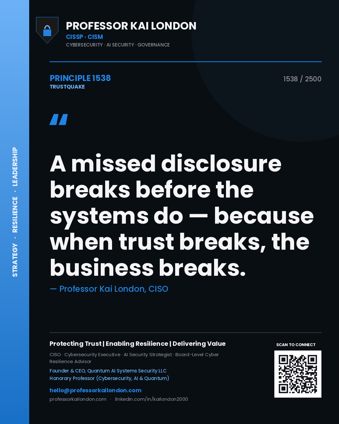 Professor Kai London principle 1538: A missed disclosure breaks before the systems do — because when trust breaks, the business breaks.