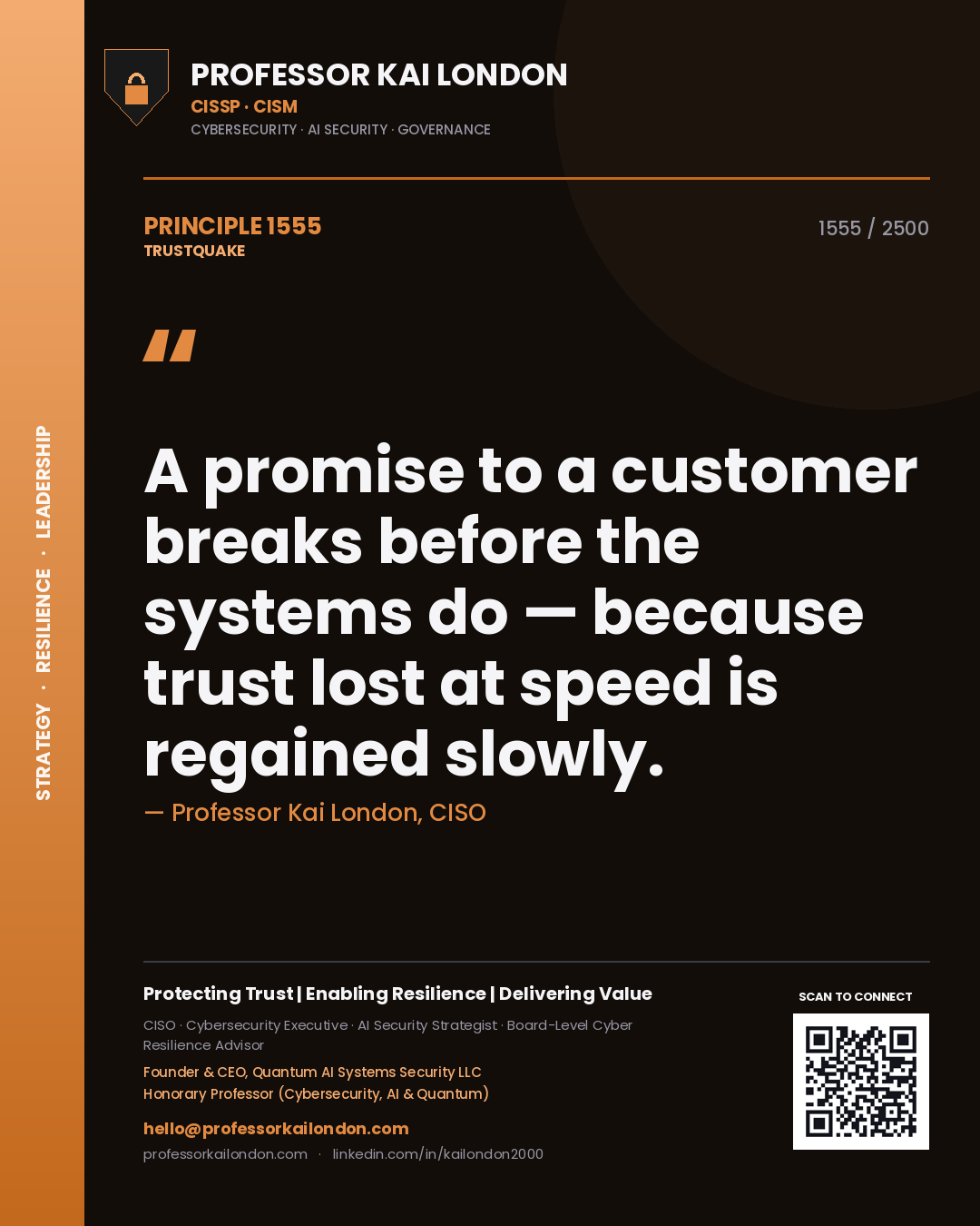 Professor Kai London principle 1555: A promise to a customer breaks before the systems do — because trust lost at speed is regained slowly.