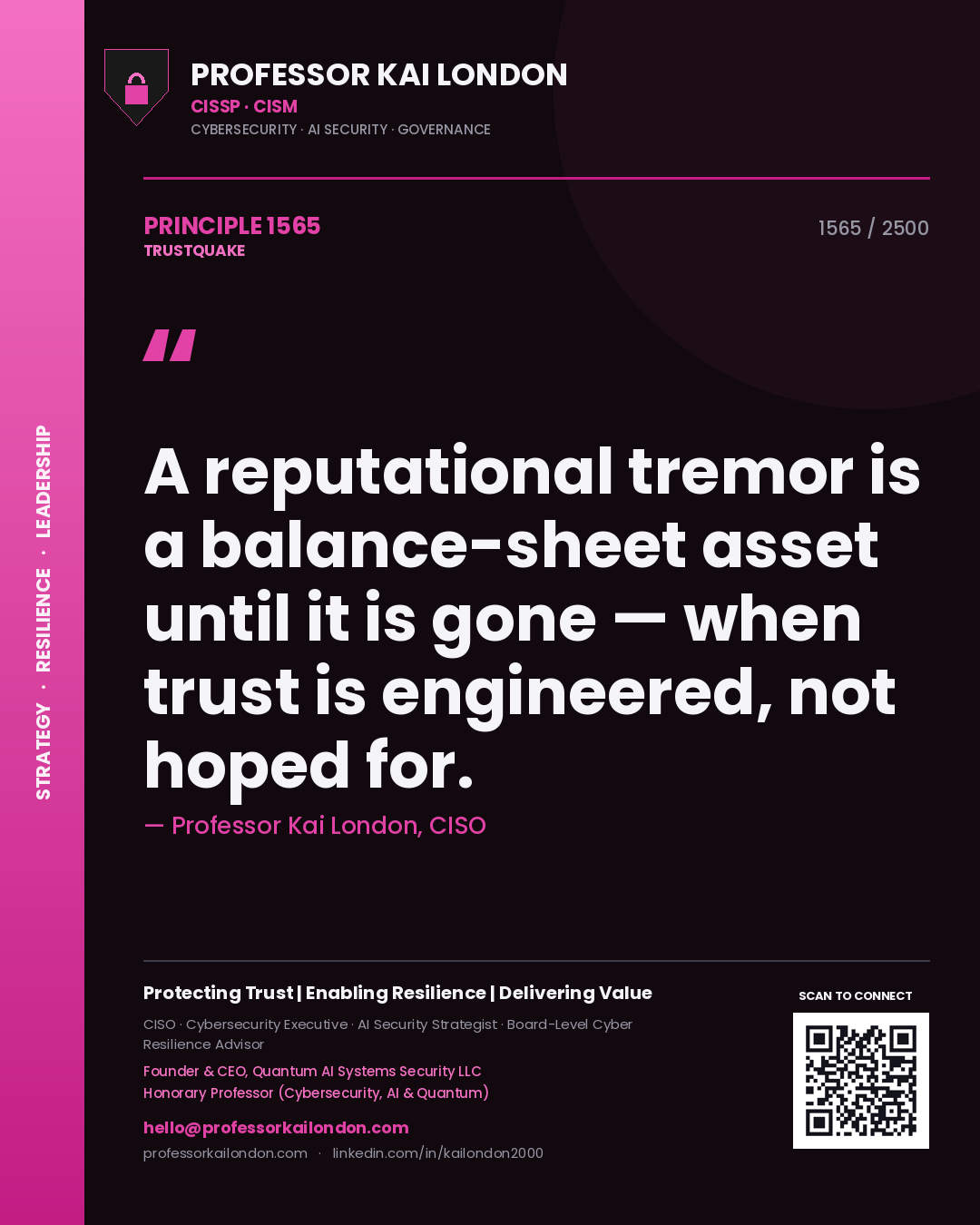 Professor Kai London principle 1565: A reputational tremor is a balance-sheet asset until it is gone — when trust is engineered, not hoped for.
