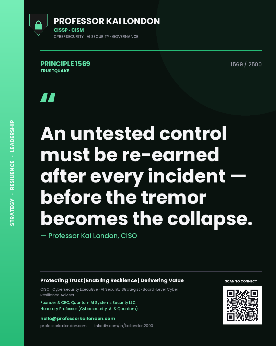 Professor Kai London principle 1569: An untested control must be re-earned after every incident — before the tremor becomes the collapse.