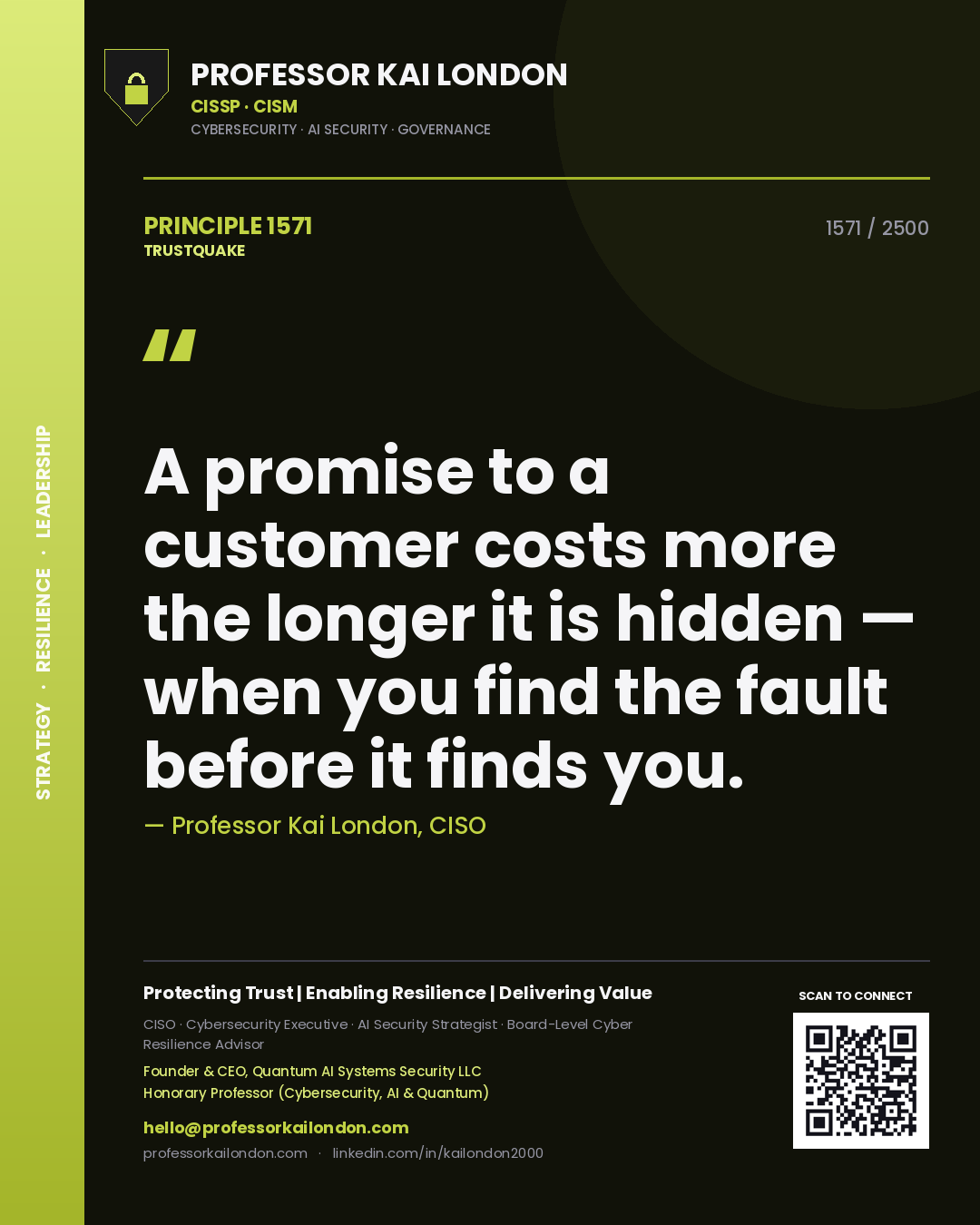 Professor Kai London principle 1571: A promise to a customer costs more the longer it is hidden — when you find the fault before it finds you.