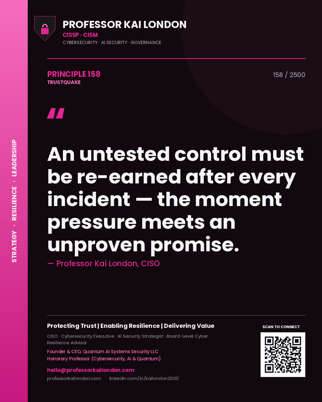 Professor Kai London principle 158: An untested control must be re-earned after every incident — the moment pressure meets an unproven promise.