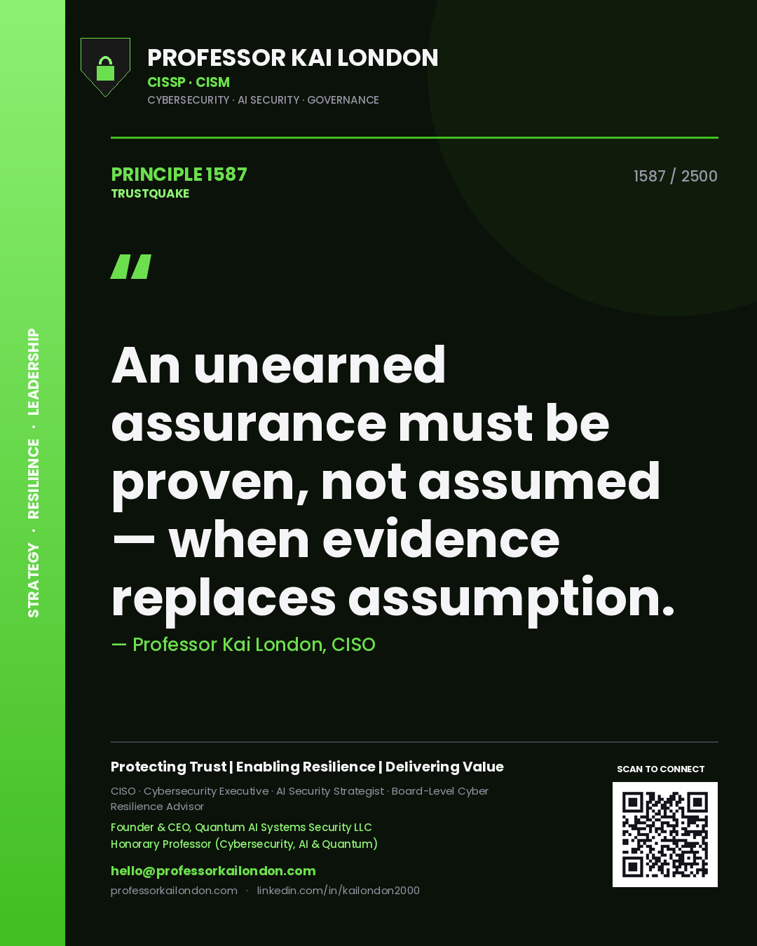 Professor Kai London principle 1587: An unearned assurance must be proven, not assumed — when evidence replaces assumption.