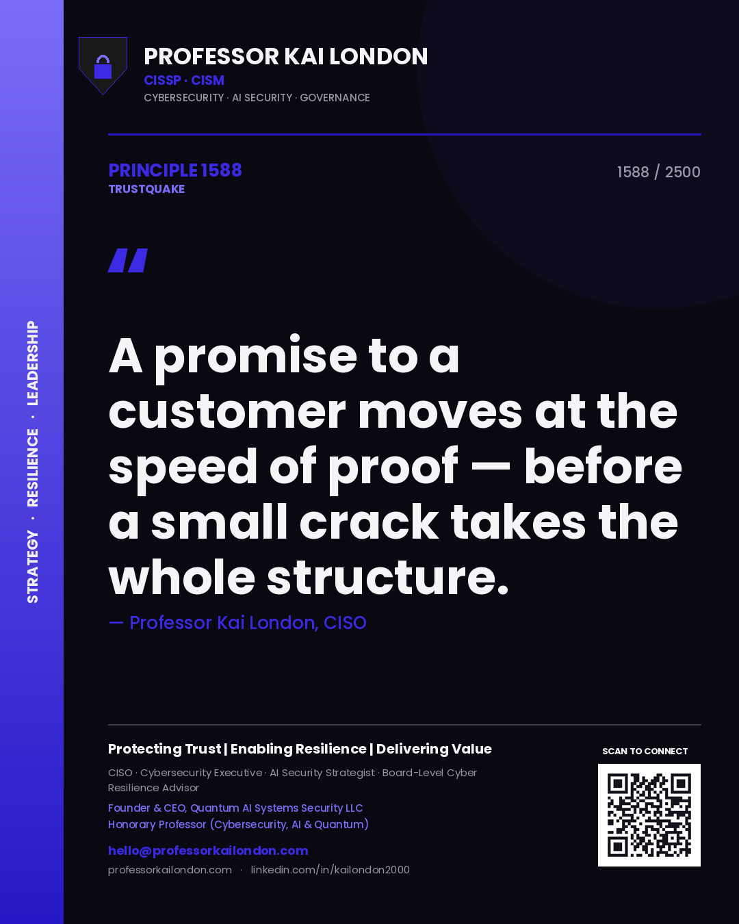 Professor Kai London principle 1588: A promise to a customer moves at the speed of proof — before a small crack takes the whole structure.