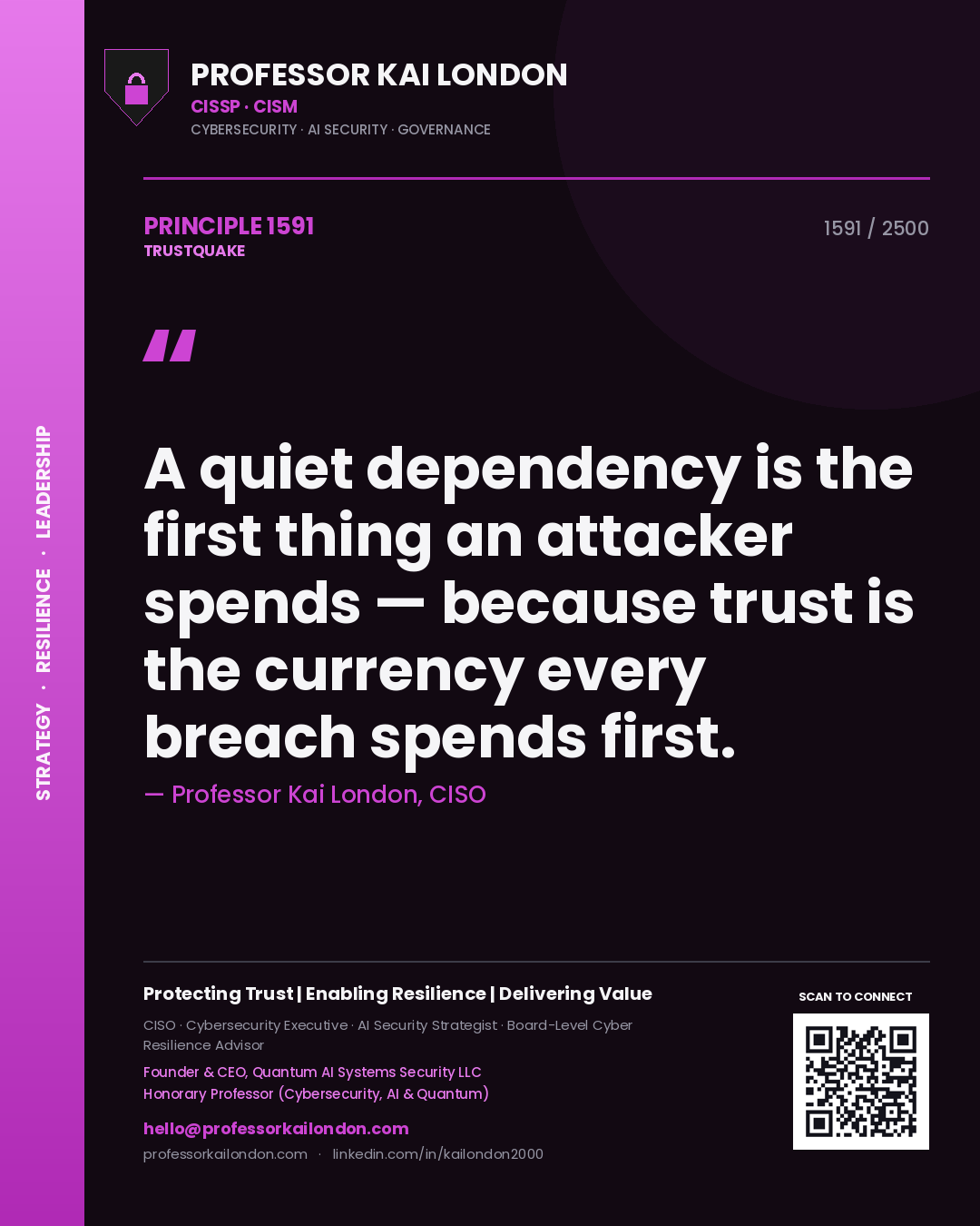 Professor Kai London principle 1591: A quiet dependency is the first thing an attacker spends — because trust is the currency every breach spends first.