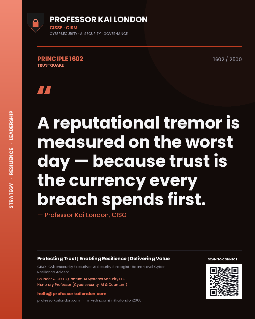 Professor Kai London principle 1602: A reputational tremor is measured on the worst day — because trust is the currency every breach spends first.