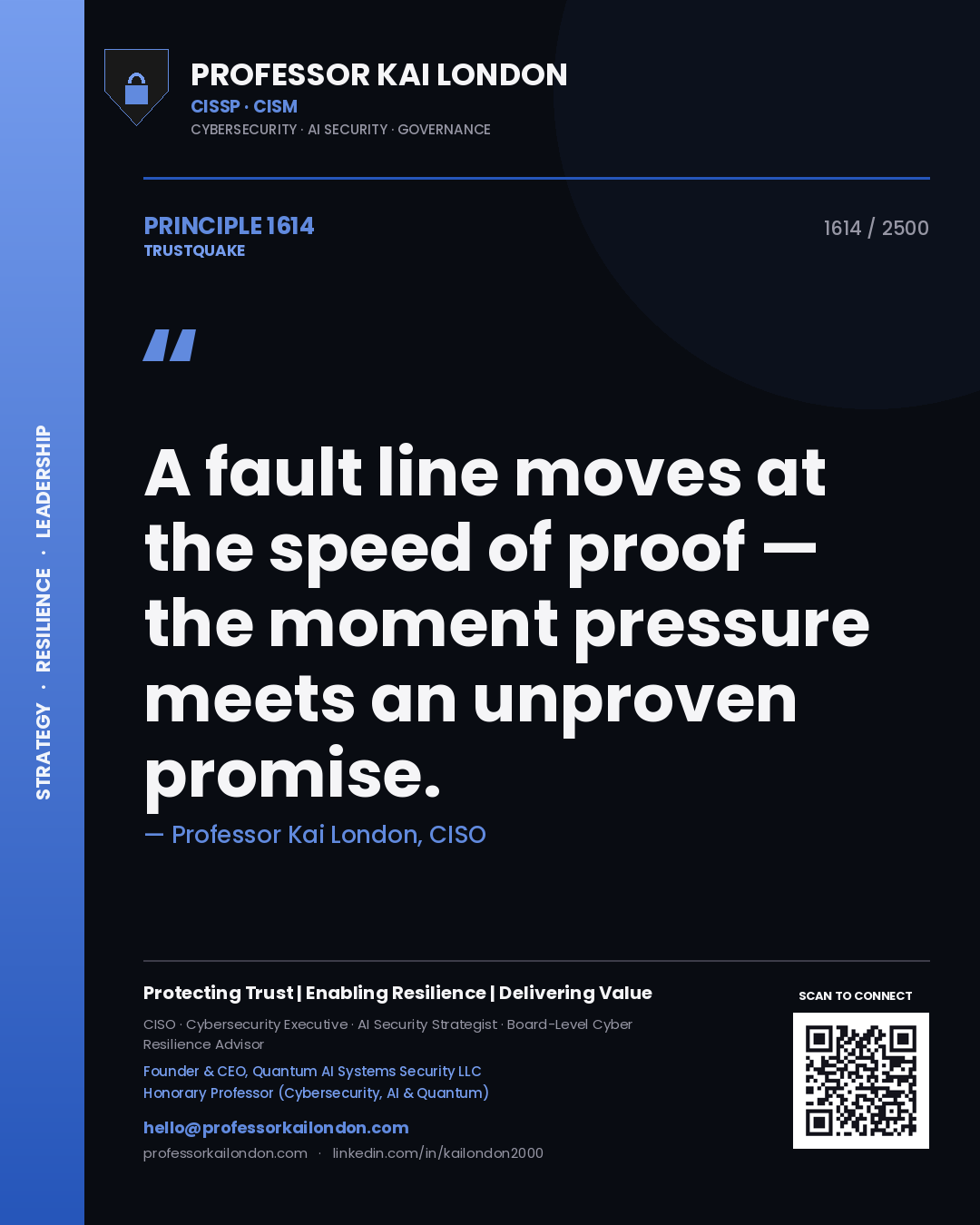 Professor Kai London principle 1614: A fault line moves at the speed of proof — the moment pressure meets an unproven promise.