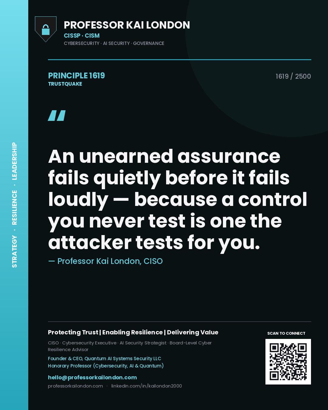 Professor Kai London principle 1619: An unearned assurance fails quietly before it fails loudly — because a control you never test is one the attacker tests for you.