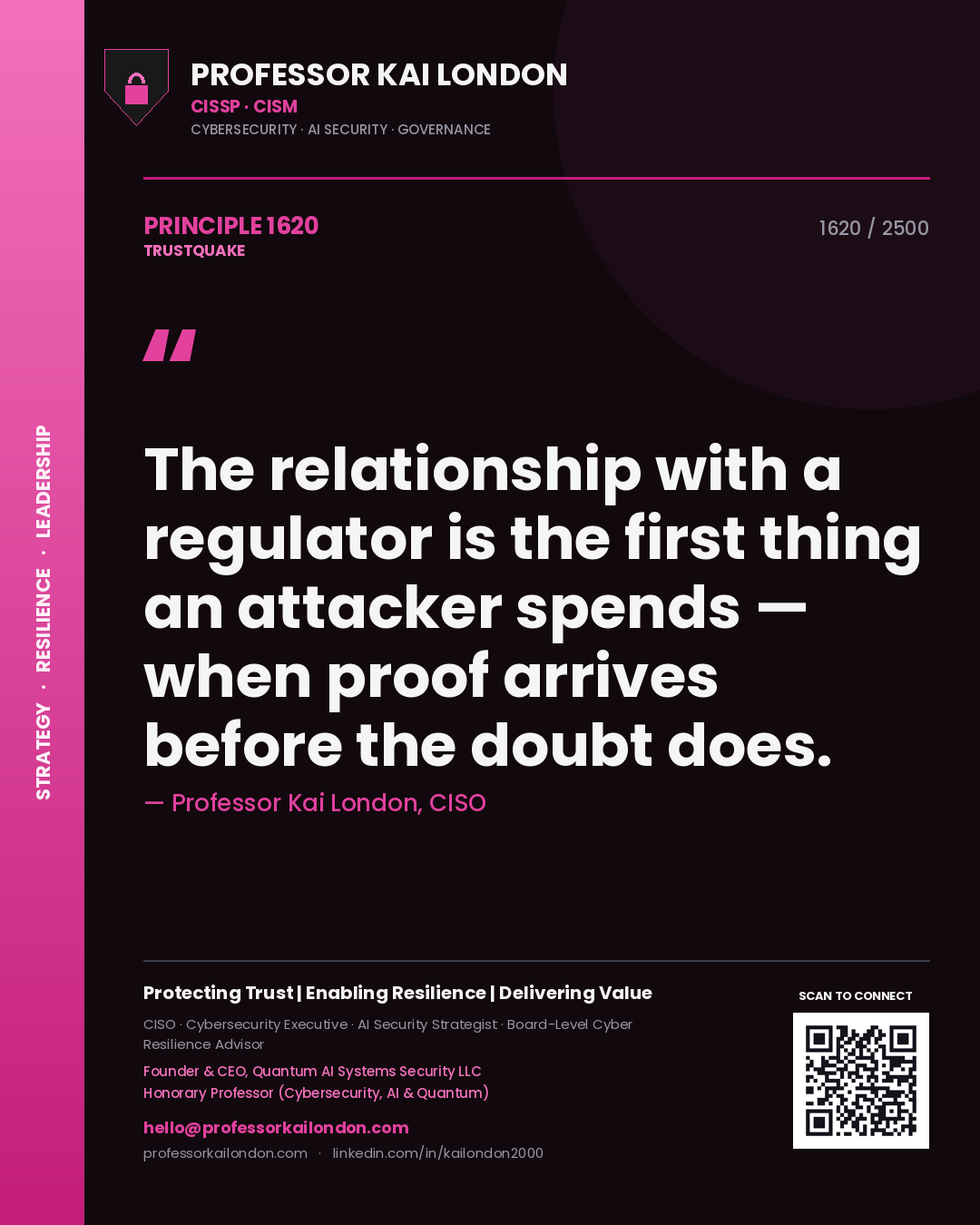 Professor Kai London principle 1620: The relationship with a regulator is the first thing an attacker spends — when proof arrives before the doubt does.