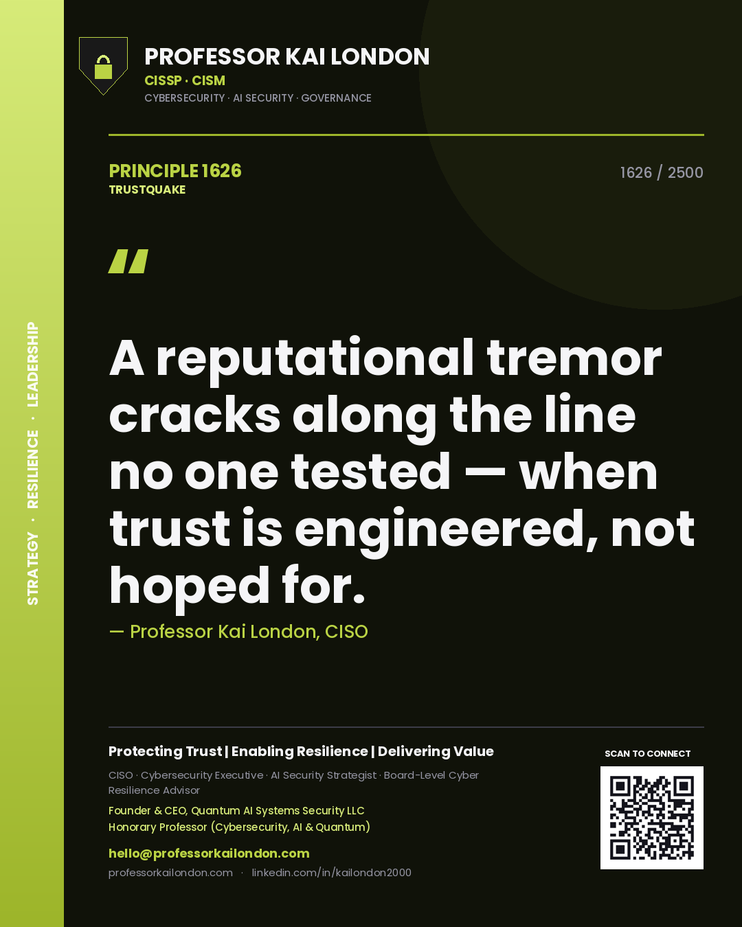 Professor Kai London principle 1626: A reputational tremor cracks along the line no one tested — when trust is engineered, not hoped for.