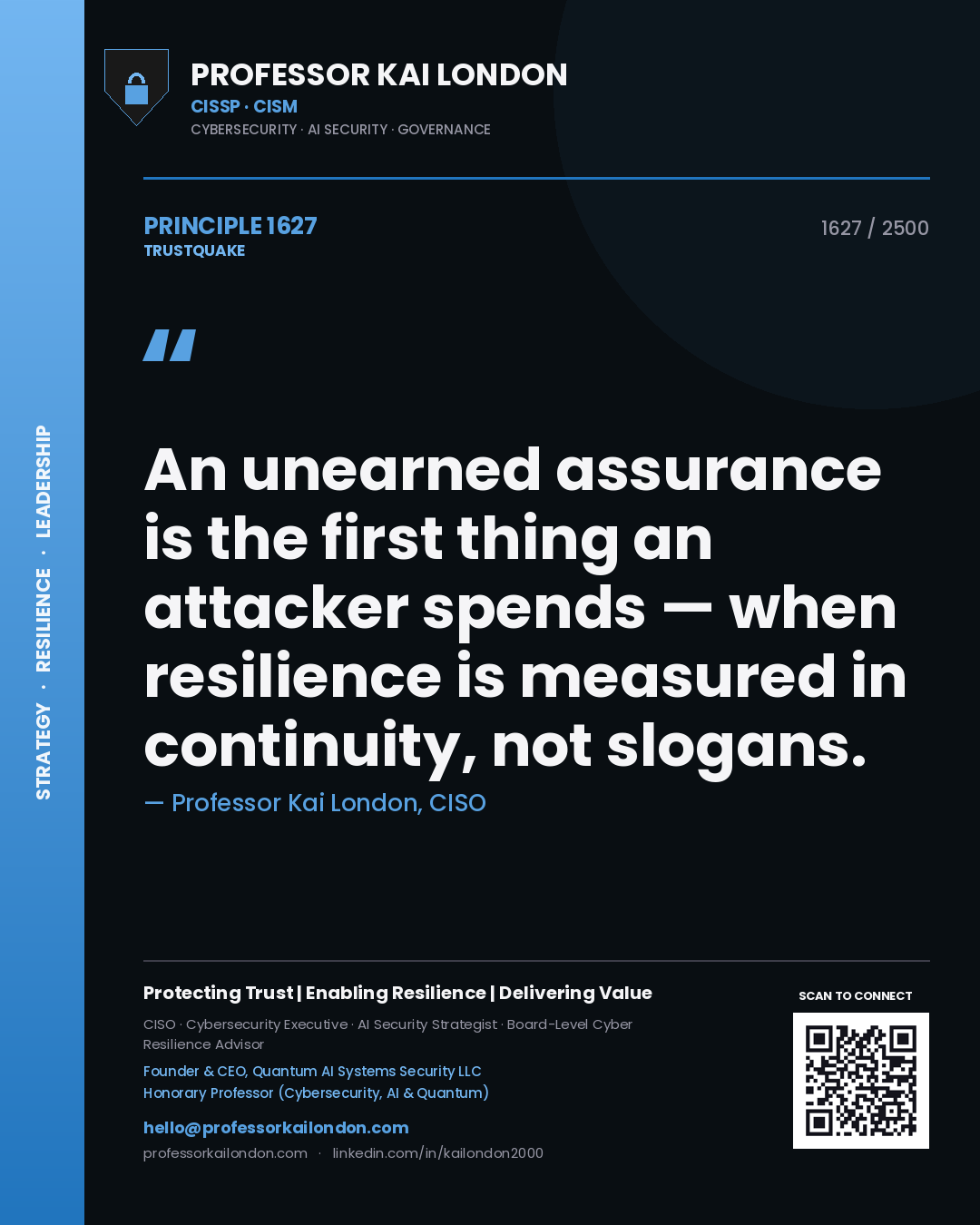 Professor Kai London principle 1627: An unearned assurance is the first thing an attacker spends — when resilience is measured in continuity, not slogans.