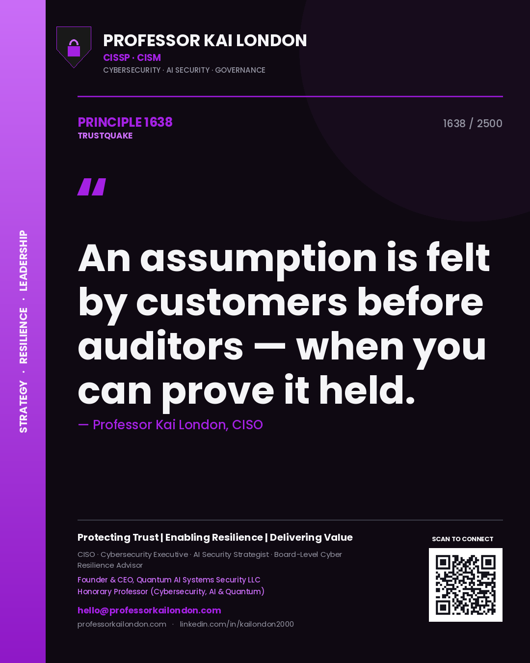 Professor Kai London principle 1638: An assumption is felt by customers before auditors — when you can prove it held.