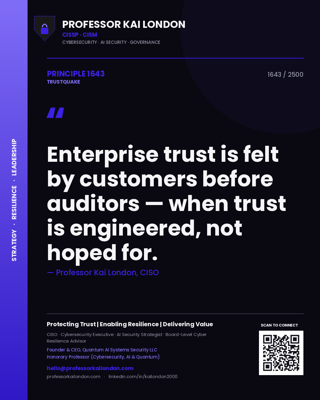 Professor Kai London principle 1643: Enterprise trust is felt by customers before auditors — when trust is engineered, not hoped for.