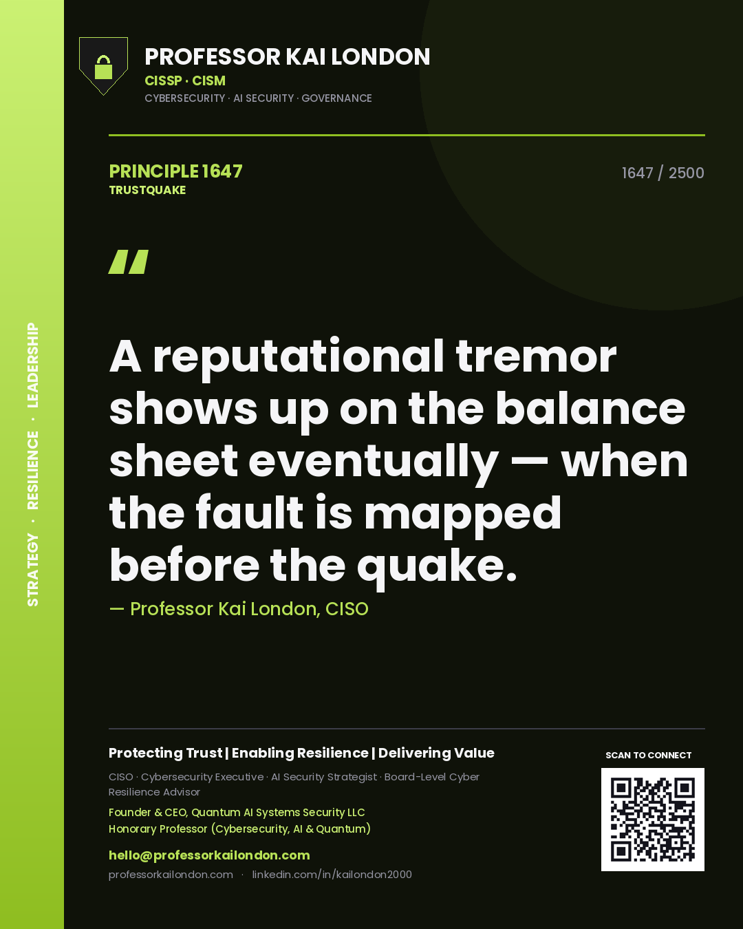 Professor Kai London principle 1647: A reputational tremor shows up on the balance sheet eventually — when the fault is mapped before the quake.