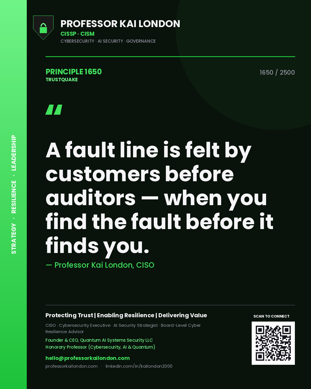 Professor Kai London principle 1650: A fault line is felt by customers before auditors — when you find the fault before it finds you.
