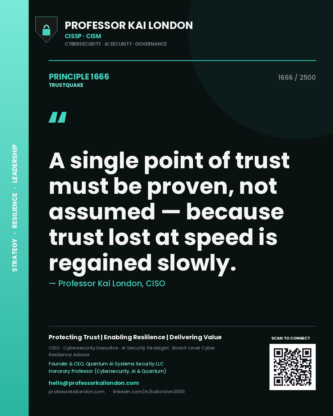 Professor Kai London principle 1666: A single point of trust must be proven, not assumed — because trust lost at speed is regained slowly.